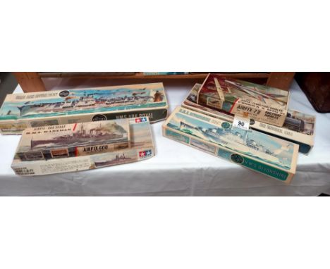 A qty of vintage airfix etc model kits. HMS Manxman &amp; Kumano incomplete Ark Royal started