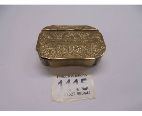 A brass snuff box with engraved lid "Take a Pinch and Welcome"