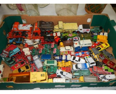 A large box of Matchbox, Corgi and Dinky die cast vehicles.