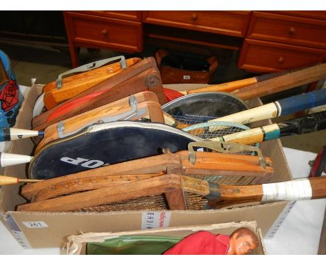 Five vintage tennis rackets and three Badminton rackets, COLLECT ONLY.