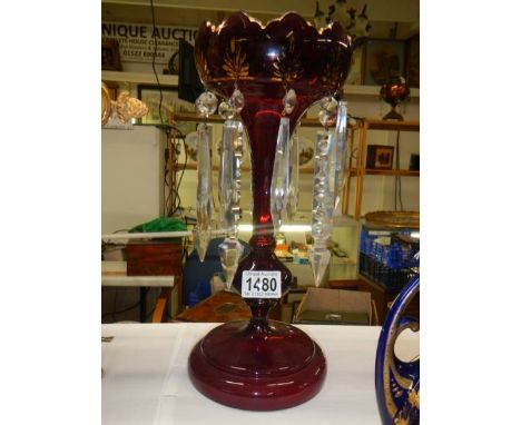A Victorian ruby glass lustre. COLLECT ONLY.