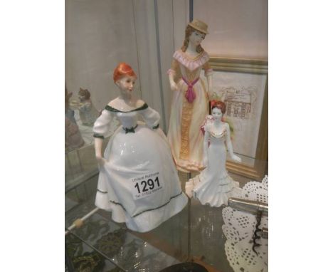 A Royal Worcester figurine, a Royal Doulton figurine and a Coalport figurine.