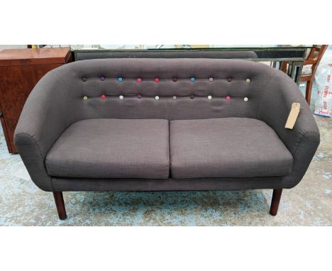 SOFA, 150cm W, 1960s Danish style, grey fabric upholstered with multi coloured button detail. 