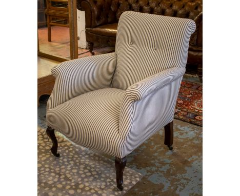 ARMCHAIR, 90cm H x 71cm W, late Victorian mahogany circa 1895, newly upholstered in ticking on ceramic castors. 