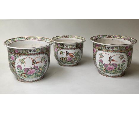 JARDINIERES, a pair, Chinese gilt ceramic pots and a matching smaller jardiniere, larger 32cm W. (3) 