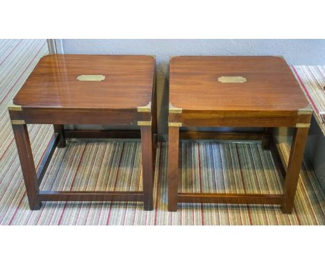 LAMP TABLES, 51cm H x 53cm W x 53cm D, a pair, campaign style mahogany and brass bound. (2) 
