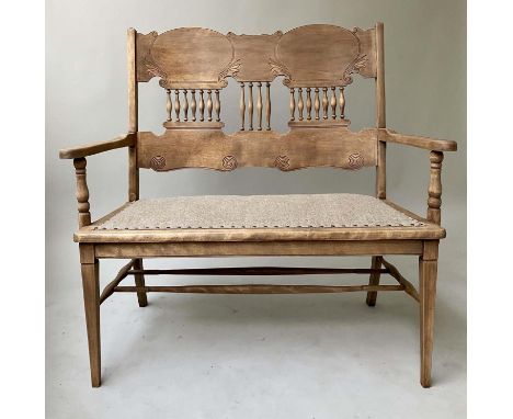 AMERICAN HALL SEAT, early 20th century fruitwood, with incised stick panel back and studded linen upholstered seat, 108cm W. 