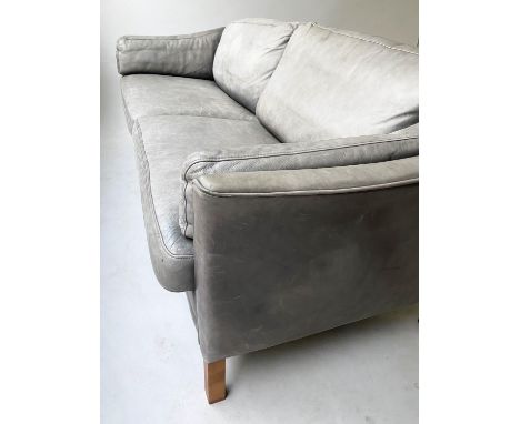 DANISH SOFA, 1970's grey leather, two seater with teak supports, 175cm W. 