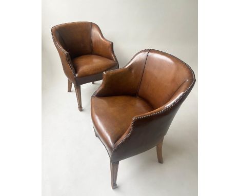 LIBRARY ARMCHAIRS, a pair, George III design brass studded, light tan leather by 'Maple &amp; Co', 58cm W. (2) 