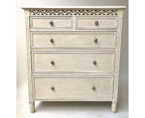 COMMODE, French style grey painted with pierced frieze and five drawers, 40cm x 91cm x 102cm H. 