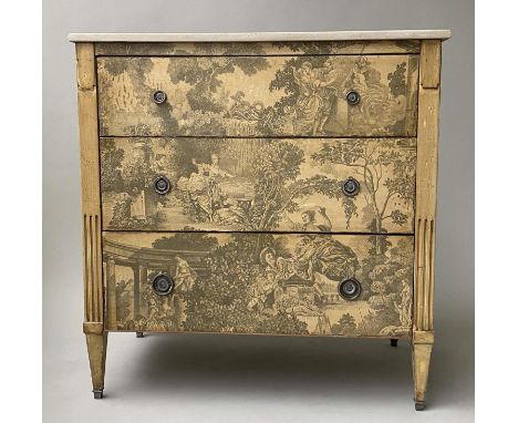 COMMODE, French Provencal style, painted with 'toile de jouy' and decoupage decoration, with three drawers, 50cm D x 89cm W x