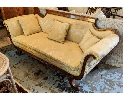 SOFA, 210cm W x 84cm H x 74cm D, Federal style mahogany, show frame in gold damask upholstery. 