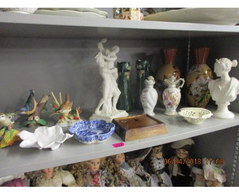 A pair of Victorian Torquay are vases A/F, sculptures, mixed early 20th century table items, a Spode blue and white trinket d