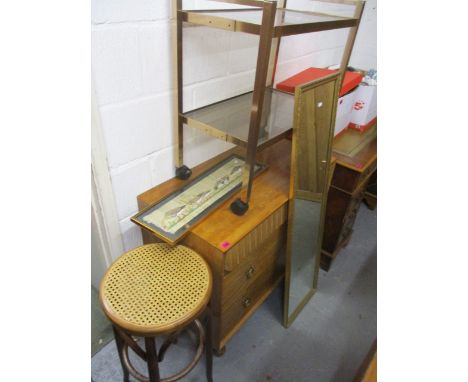 A mixed lot to include a mirror, a silk picture depicting ducks, a trolley and a bentwood stool 