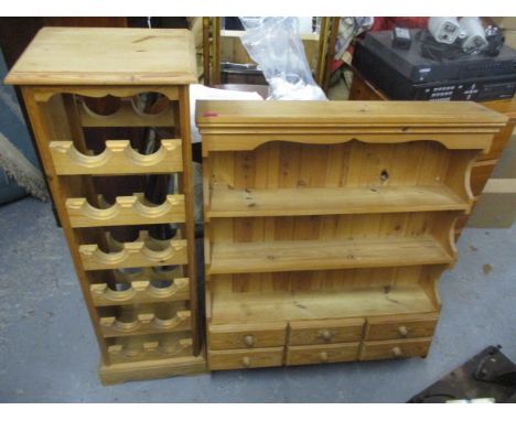A pine wall display shelf 36" H, 29 1/2" W, together with a pine wine rack 41 1/2 " H, 13" W 