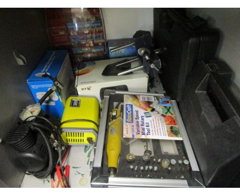 A quantity of mainly boxed tools to include a variable speed mini rotary tool kit, a 40 piece tap and die set, a 250 PSI air 