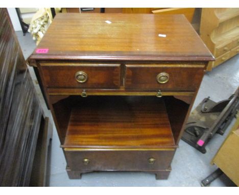 A reproduction side cabinet with two short drawers, central slide above open pigeonhole, drawer below on ogee bracket feet, 3