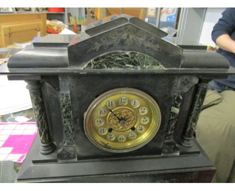 Hamburg American Clock Company (HAC) - a late 19th/early 20th century black slate and green variegated, marble cased mantel c