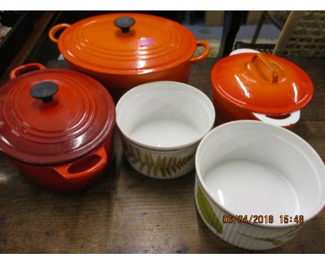 Kitchenalia to include burnt orange Le Cruset casserole dishes with lid and Royal Worcester 'Wild Harvest' souffle dishes 