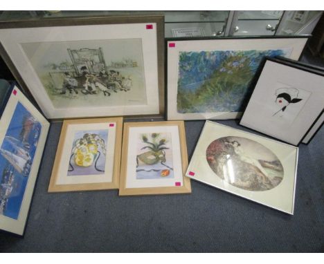 A group of framed and glazed watercolours and prints to include two Audrey Knight watercolours circa 2001 and a Margaret Chap