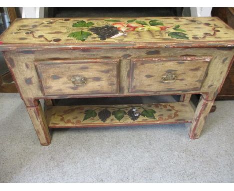 A French painted kitchen unit with lower shelf and two small drawers decorated with fruit 