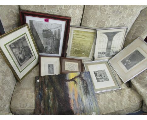 A quantity of pictures and prints, Leny Jorge - a landscape with tree, unframed, and a selection of framed and glazed engravi