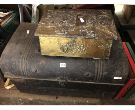 BLACK ENAMEL TRUNK AND A BRASS EMBOSSED SLIPPER BOX 