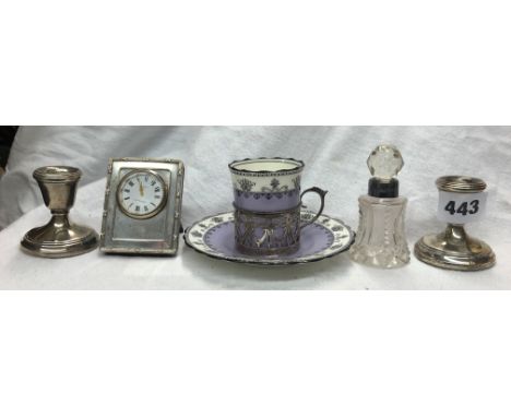 PAIR OF SILVER MINIATURE CANDLE HOLDERS, SILVER TOPPED SCENT BOTTLE AND  A SILVER EASEL BACKED MINIATURE CLOCK