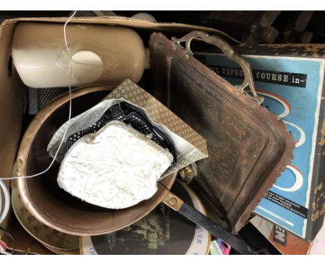 BOX CONTAINING BRASS ENAMEL PEACOCK TRAY, COPPER SKILLET, STONEWARE HOT WATER BOTTLE, BEADED EVENING PURSES, ETC. 