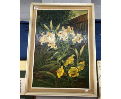REG FARMER - OIL ON BOARD OF LILLIES SIGNED R. FARMER 41 X 60CM