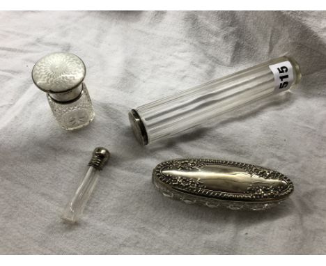 SILVER AND ENAMEL TOPPED SQUARE SECTION SCENT BOTTLE, CYLINDRICAL BOTTLE AND UNMARKED WHITE METAL STOPPER, SILVER NAVETTE DRE