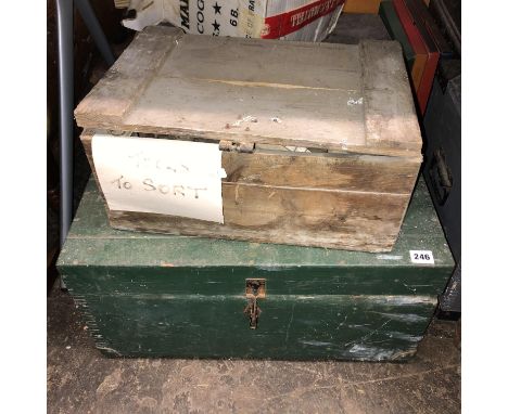 TWO PAINTED PINE TRUNKS AND TWO AMMUNITION CARTRIDGE BOXES 