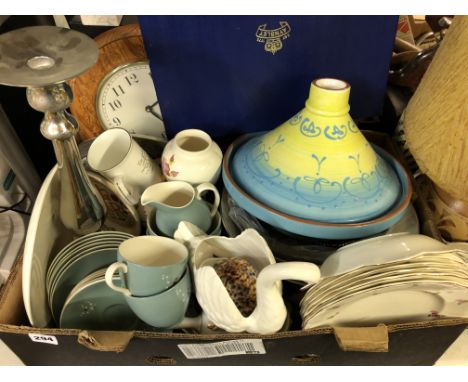 CRATE CONTAINING TAGINE, PART DOULTON TEA SERVICE, CERAMIC PLATES, CLOCK, POTTERY COASTERS, TABLE LAMP, ETC.