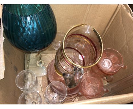 PINK TINTED PRESSED GLASS TEA SET, LEMONADE JUG AND BRANDY BOWL