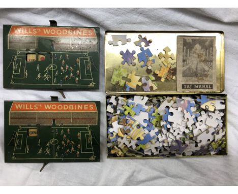 TWO ENAMEL METAL 1930S WILLS WOODBINES FOOTBALL GAMES AND A VINTAGE TIN CONTAINING A JIGSAW PUZZLE OF THE TAJ MAHAL