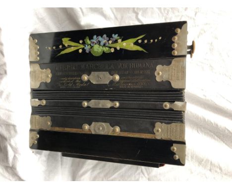 MAHOGANY CASED GERMAN IMPERIAL MARCELLA ACCORDION WITH PAINTED DECORATION PATENTED US.307054 1889 CASE - 30CM W X 28CM D X 17