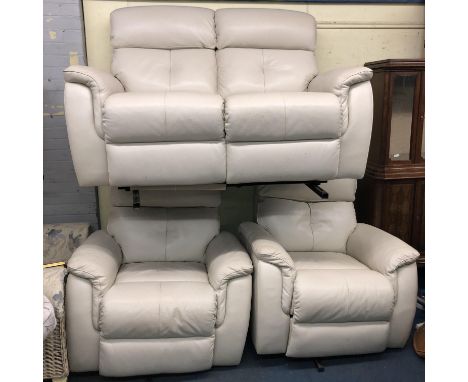 CREAM LEATHER TWO SEATER MANUAL RECLINING SOFA AND A PAIR OF MATCHING ELECTRIC RECLINING CHAIRS 