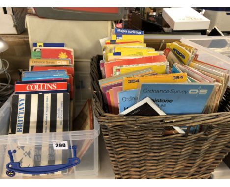 WICKER BASKET AND CRATE OF ORDNANCE SURVEY MAPS OF GREAT BRITAIN AND WALES 