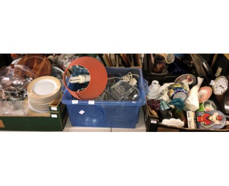 THREE BOXES OF ASSORTED CERAMICS INCLUDING DINNER SET, CARTON OF GLASSWARE, MANTEL CLOCK, CAT AND DUCK FIGURES