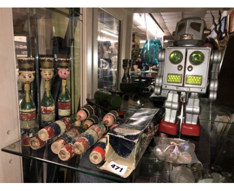 VINTAGE TIN PLATE BATTERY OPERATED JAPANESE ROBOT WITH MISSILE TOUR, VINTAGE WOODEN PAINTED SKITTLES AND A TIN PLATE LOCOMOTI