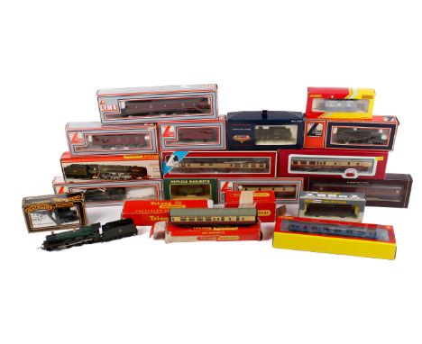 A collection of 00 gauge locomotives, wagons and carriages. Including a Hornby R40053 LMS Stanier Coronation 57' coach, No.10