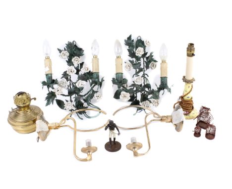 A group of assorted lighting, etc. Including two wall lights decorated with white flowers and green leaves, a candlestick typ