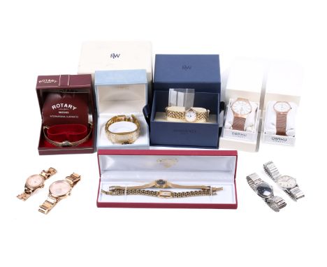 Eleven ladies and gentleman's wristwatches. Including a pair of Ingersoll Obaku harmony watches, with rose gold coloured case