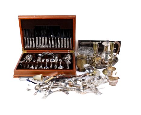 A collection of silver-plate. Including a wooden canteen of flatware, an oval tray, cream jug, etc.