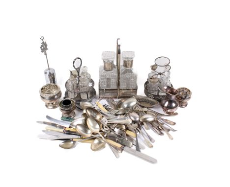 An assortment of silver-plate. Including a pair of decanters, flatware, a cream jug, two cruet sets, etc.