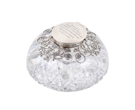 A Victorian domed glass inkwell with silver pierced foliate mounts and cover. Maker Samuel Jacob, London 1895, the top engrav