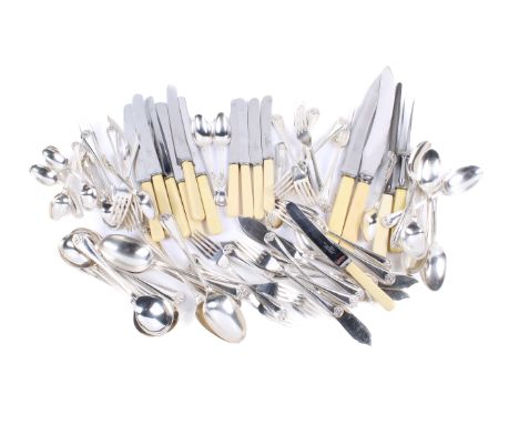 An assortment of silver-plated flatware. Including spoons, forks, a meat skewer etc.
