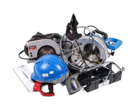 A collection of assorted hand and power tools. Including a Silverline mitre saw model 262705, 240v and a Freud circular saw F