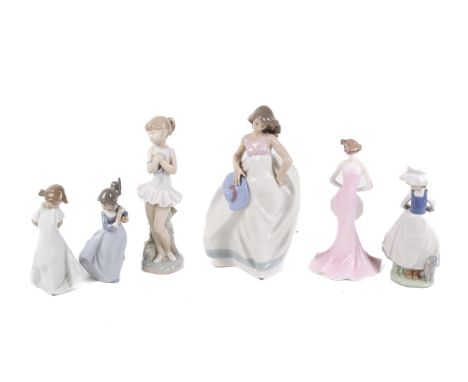 A collection of six assorted ceramic figures. Including five Nao porcelain girls and a Coalport Silhouettes Sally. Max. H32cm