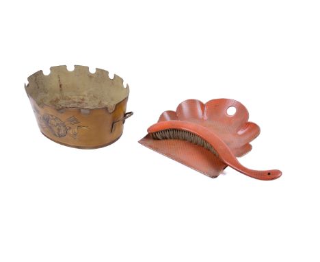A French tin trough planter and a paper mache dustpan and brush. Max. H12cm